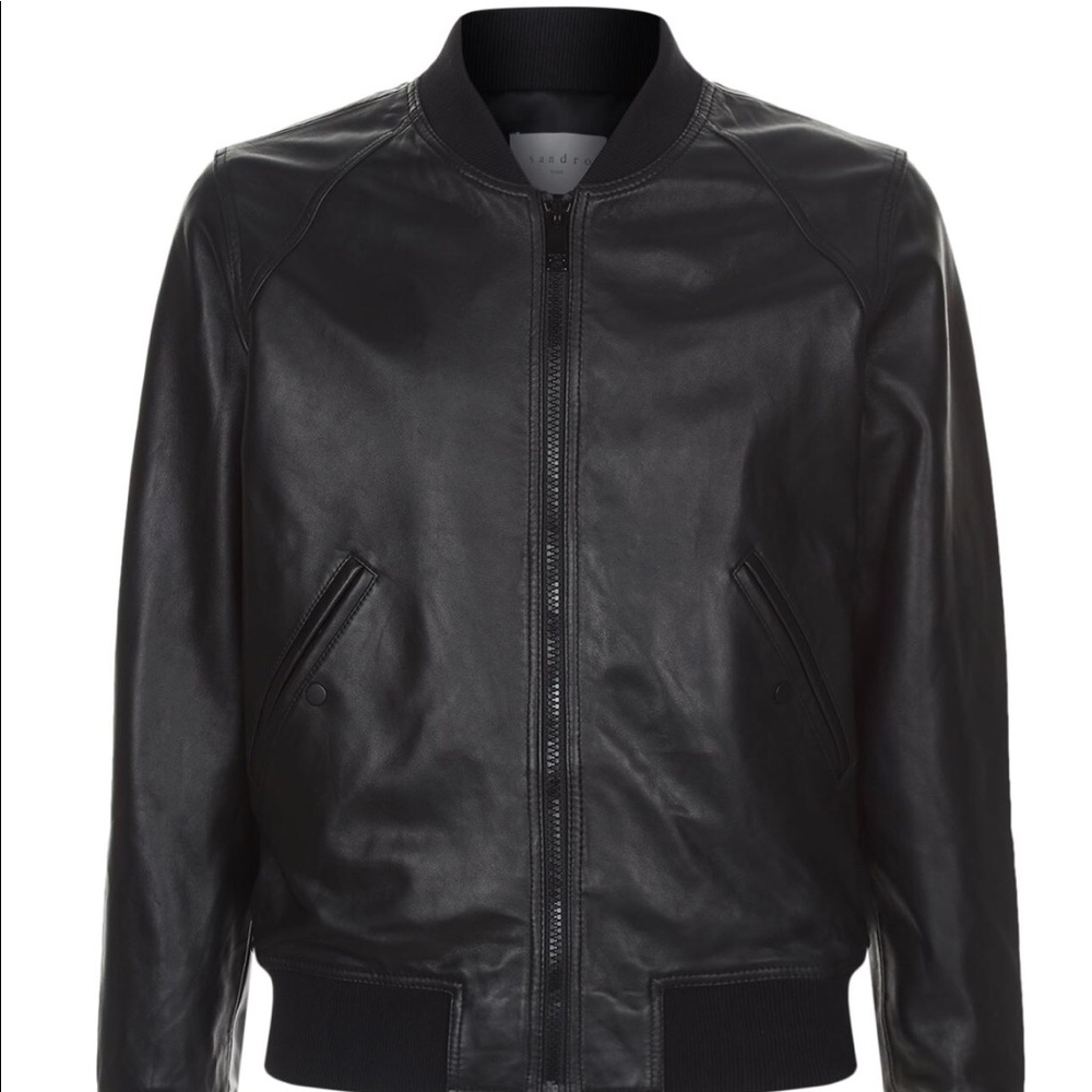 Sandro Mens Lamb Leather Black Varsity Jacket